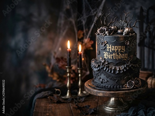 Dark moody Halloween birthday cake on wooden table with burning candles and mini pumpkins