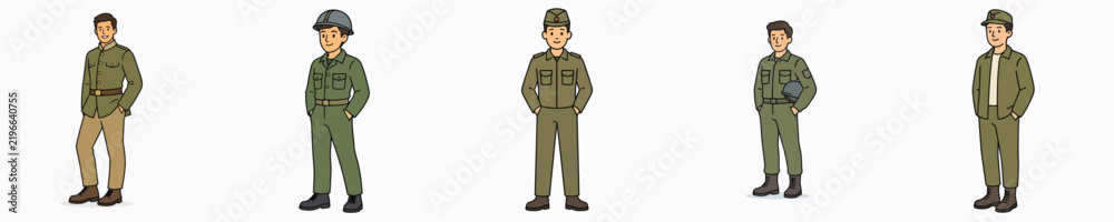 Obraz premium A set of vector illustrations of a male soldier posing while standing with his hands in his pockets.