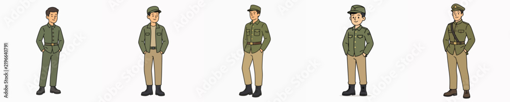 Obraz premium A set of vector illustrations of a male soldier posing while standing with his hands in his pockets.
