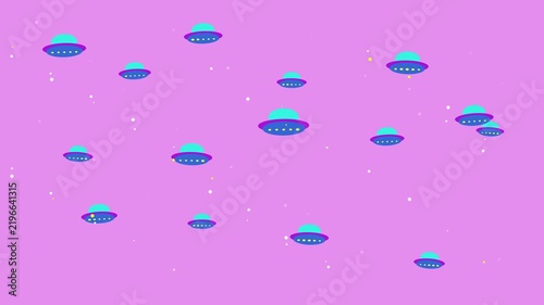 Pixel Art Flying Saucers Moving Across A Pink Space Background