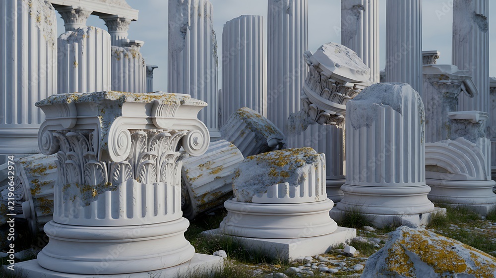 Obraz premium Set of ancient white classical columns in varying decay 