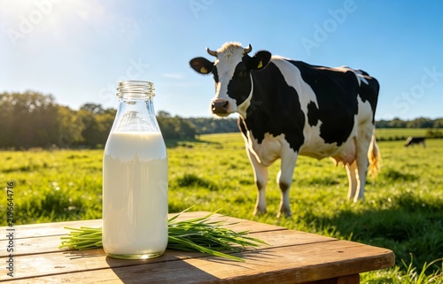 Glass milk bottle on a wooden table with a dairy cow grazing in a bright green pasture.
