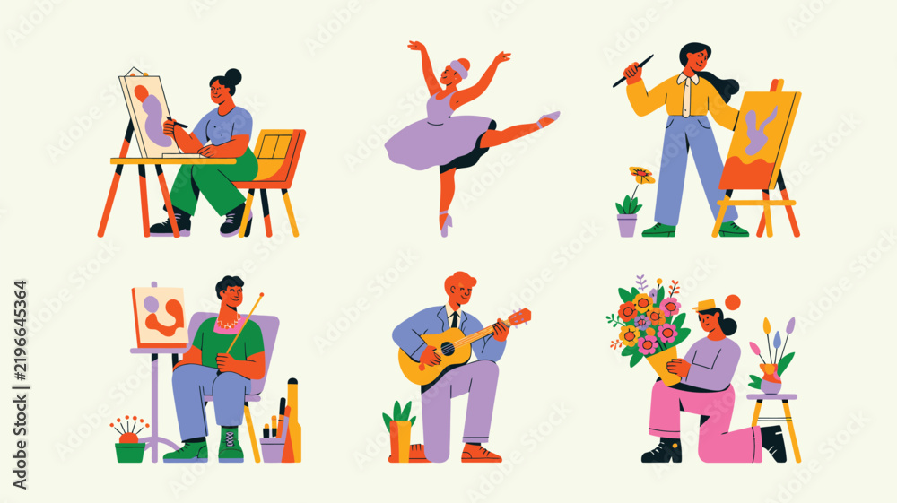 Fototapeta premium Set of creative people engaged in various hobbies like painting, dancing, and playing guitar, flat vector illustration