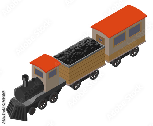 Isometric Steam Locomotive Train with Coal Car and Passenger Car in Vintage Style