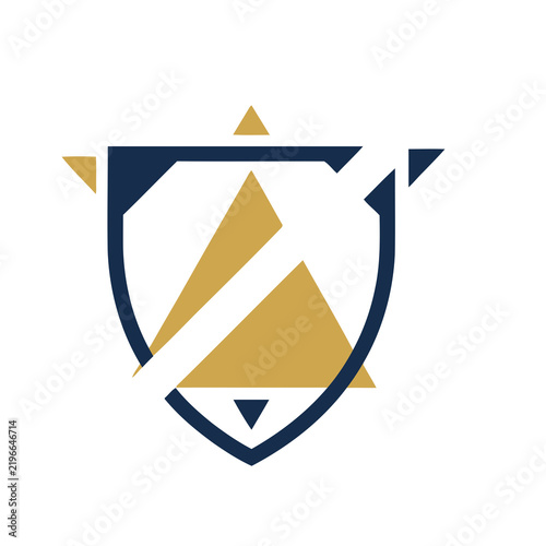Shield logo with geometric shapes and arrow