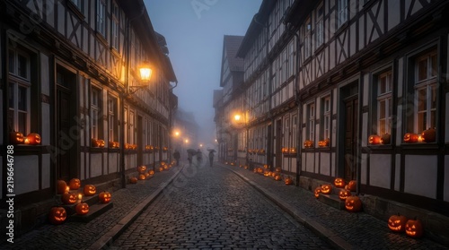 European cobblestone street lined with glowing Halloween pumpkins.