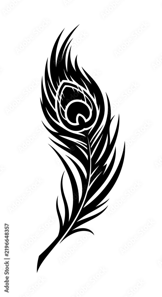 Fototapeta premium A striking black and white illustration of a single peacock feather with its distinctive eye pattern.