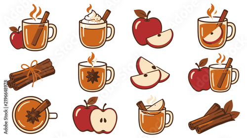 Set of Hot Apple Cider and Cinnamon Stick Illustrations on a Transparent Background