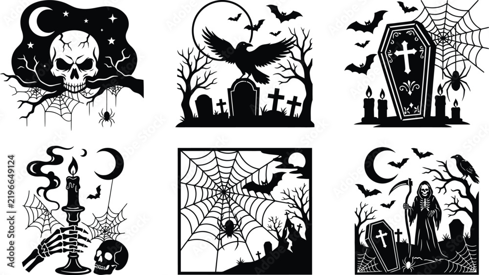 Fototapeta premium halloween silhouette set, spooky graveyard skull, crow raven coffin, web spider reaper candle, gothic vector collection, dark occult clipart design
