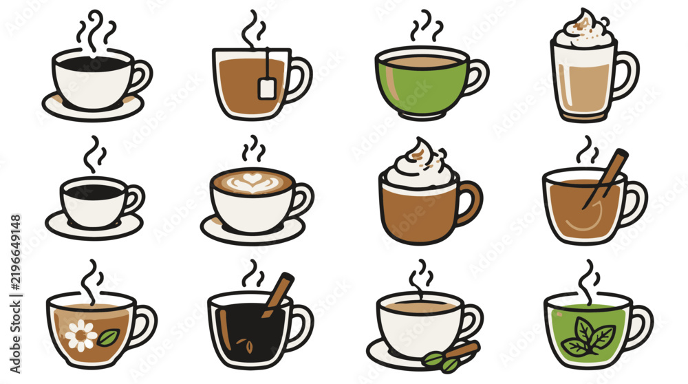 Obraz premium Set of Twelve Steaming Hot Beverage Icons Featuring Various Coffee and Tea Cup Designs