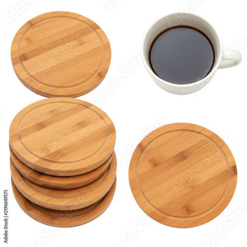 Coffee Cup And Wooden Coasters Arrangement On Transparent Background Top View Studio Shot
