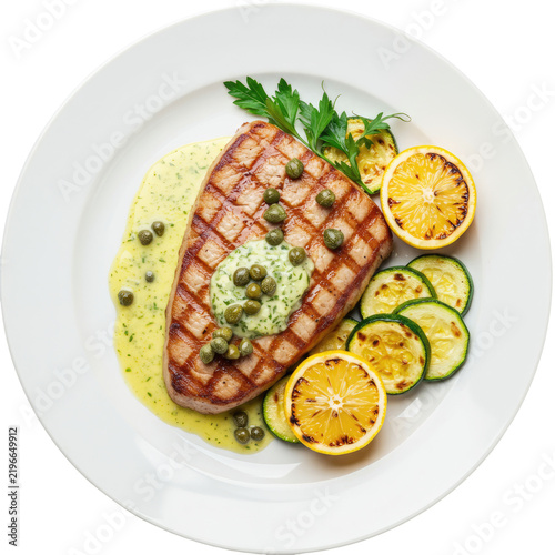 Grilled Tuna Steak with Lemon Slices Zucchini Capers and Parsley on a White Plate with Transparent Background