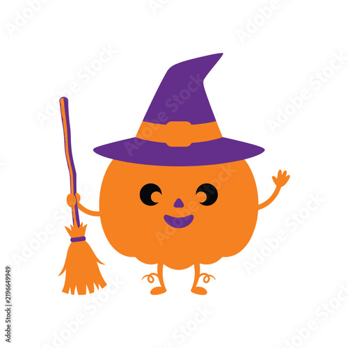 Cute Halloween Witch with Broom, Pumpkin, Black Hat, Cat and Owl, Spooky Magic Cartoon Character Vector Illustration for October Autumn Holiday Celebration Isolated Background