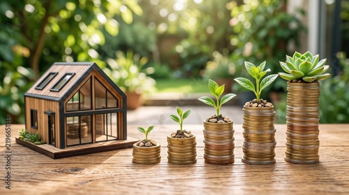 Growth of Investment in Real Estate and Sustainable Living with Model House and Rising Plant Stacks on Coins in Bright Garden Setting
