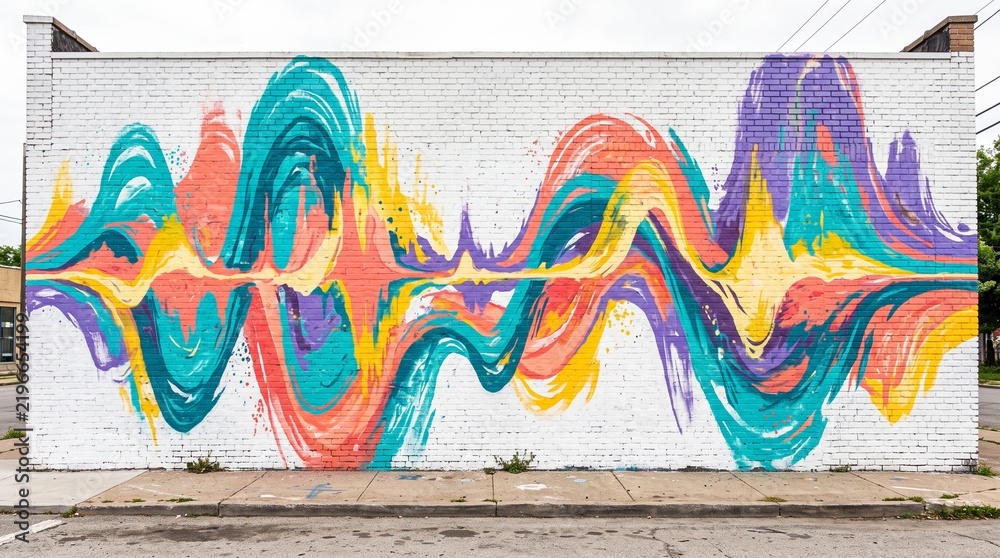 Obraz premium Abstract sound wave graffiti mural on a weathered white brick wall with wall art
