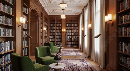 A warmly lit library showcases a luxurious reading room. Three individuals are seated in emerald green armchairs around a small, round table.