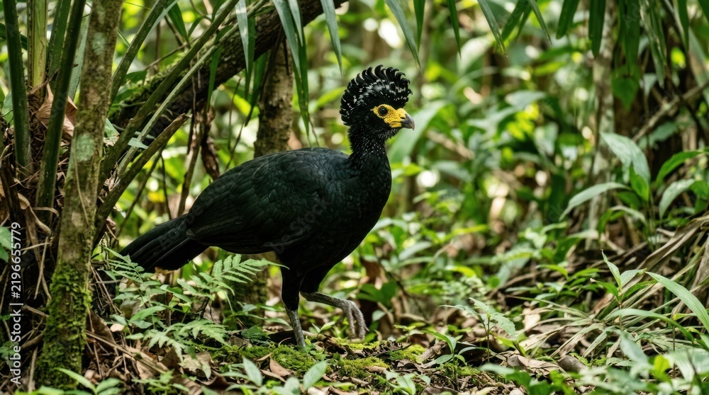 Fototapeta premium A striking black bird, a male Guianan cock-of-the-rock, stands amidst dense tropical foliage. The bird’s vibrant golden crest and eye accents contrast sharply with its dark plumage.