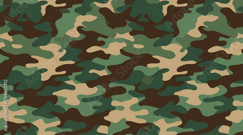 Classic green and brown woodland camouflage seamless pattern. Traditional army texture for military apparel and hunting background design graphics
