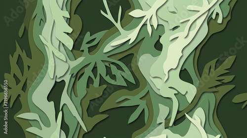 Seamless Botanical Pattern Featuring Abstract Layered Green Foliage and Organic Plant Shapes for Modern Decorative Design