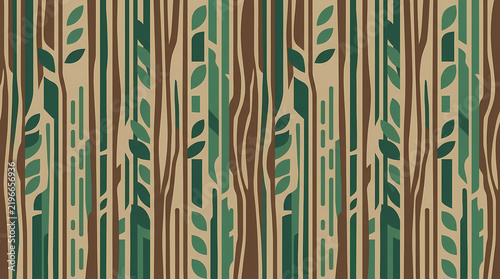 Geometric forest illustration featuring stylized vertical tree trunks and organic leaf shapes in a repeat pattern of brown and green colors