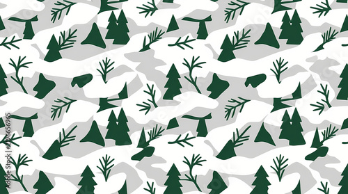 Winter Forest Camouflage Pattern A Seamless Design of Snow-Covered Pine Trees and Ferns