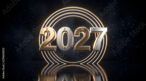 Elegant Cinematic 2027 Numbers Dual Tone Gold Silver Reflection.