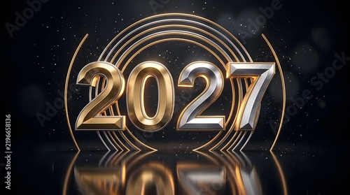 Elegant Cinematic 2027 Numbers Dual Tone Gold Silver Reflection.