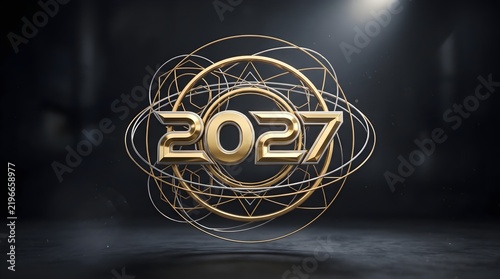 Futuristic 2027 Text Logo Gold Silver Minimalist Geometric Studio Design.