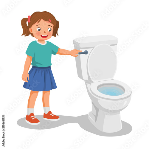 Little girl flushing toilet after using it isolated on white background