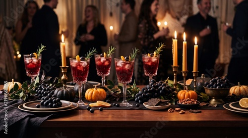Elegant autumn dinner party table with red cocktails and candles