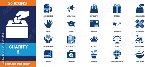 Charity and donation vector icons set for community support