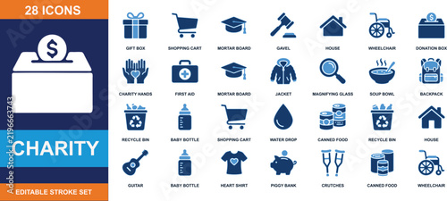 Charity icon set vector illustration featuring donation box and humanitarian symbols in blue