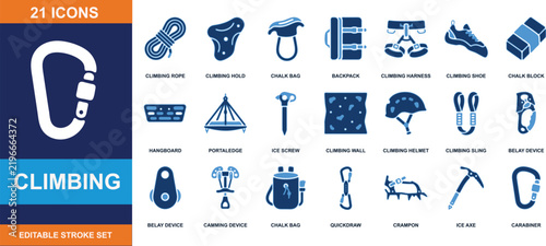 Climbing icon set vector art with carabiner and mountaineering gear in blue color