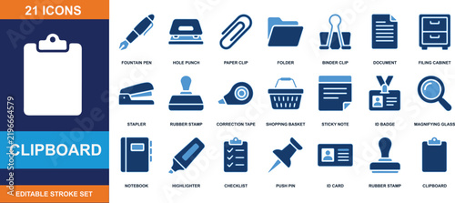 Clipboard icon set vector graphic with office supplies and business administration symbols
