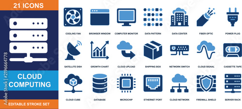 Cloud computing network server and data center icons vector graphic collection with editable strokes