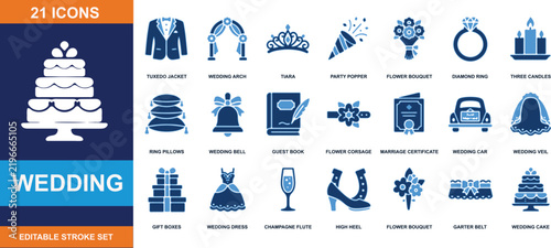 Wedding icons vector set featuring romantic celebration ceremony elements and bridal accessories symbols