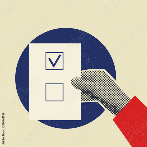 Trendy election banner with woman hand holding ballot paper with voting marks in retro halftone collage style. Election and voter participation concept. Vector illustration