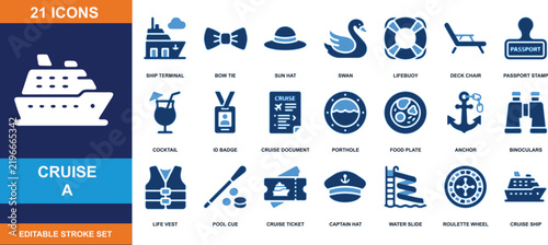 Cruise ship icons set vector illustration design for travel and maritime industry concepts