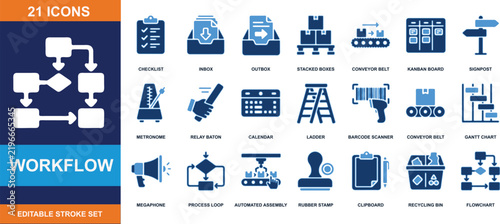 Workflow icons vector set featuring process automation logistics management and operational strategy symbols