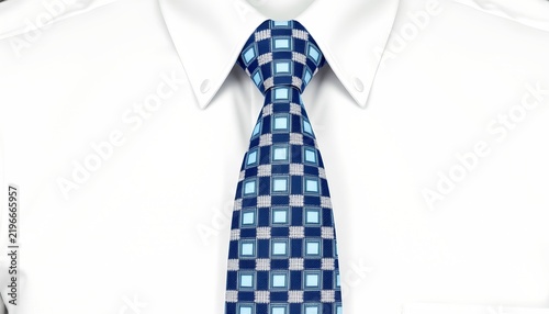 A man's necktie with a blue pattern featuring small white squares, worn under a dress shirt and visible in the image. The tie is knotted at the collar of the shirt.