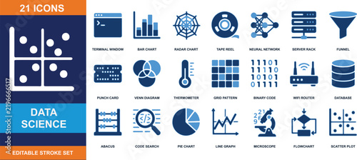Data science icon set vector graphics with analytical symbols and technology elements