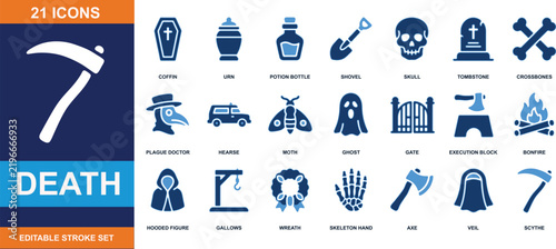 Death and funeral icon set vector illustration with dark mythology and cemetery symbols