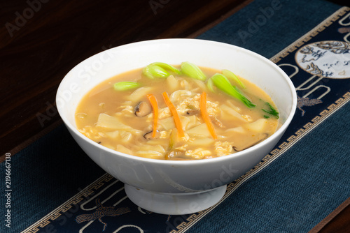 Qingtian Egg Noodle Soup. Local Traditional Specialty Noodle Close-up