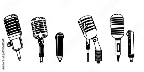 Four different types of microphones in a row, each with distinct designs and patterns, set against a plain white background. The microphones vary from vintage to modern styles, including a dynamic ...