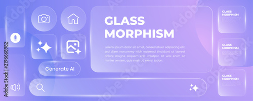 Trend liquid glass frames and buttons set transparent background. Vector EPS10 realistic illustration of glass morphism text boxes, menu windows, search bars, website, mobile app ui ux design elements