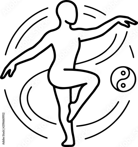 Outline vector icon of a person doing Tai Chi balancing poses with a Yin Yang symbol for physical wellness