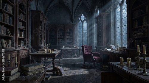 Abandoned Gothic Library with Dusty Old Books and Sunlight Rays