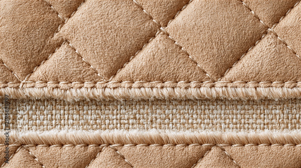 Obraz premium Close up of tan quilted leather texture with diamond pattern stitching and seam detail