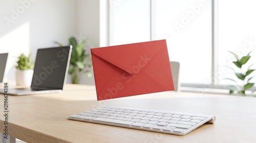 A bright red envelope floats magically above a modern keyboard on a wooden desk, suggesting a surprise digital or physical communication in a minimalist office setting.