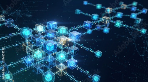 Abstract digital network with interconnected glowing cubes representing data or blockchain technology.